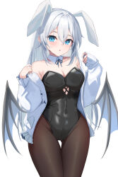 Rule 34 | 1girl, animal ears, armpit crease, bare shoulders, black leotard, black pantyhose, blue eyes, blue ribbon, blush, breasts, cleavage, collar, collarbone, commentary request, cowboy shot, demon girl, demon wings, double-parted bangs, expressionless, eyelashes, gluteal fold, groin, hair between eyes, highres, hitachi sou, jacket, leotard, long hair, long sleeves, looking at viewer, medium breasts, open clothes, open jacket, original, paid reward available, pantyhose, parted lips, playboy bunny, rabbit ears, ribbon, sidelocks, simple background, solo, standing, thigh gap, thighs, very long hair, w arms, white background, white collar, white hair, white jacket, wings