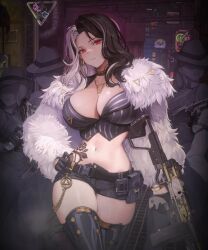 Rule 34 | 1girl, black footwear, black gloves, black hair, black shorts, blush, boots, breasts, choker, cleavage, closed mouth, coat, gloves, goddess of victory: nikke, gun, hip tattoo, holding, holding gun, holding weapon, large breasts, long hair, long sleeves, looking at viewer, micro shorts, midriff, mikan03 26, multicolored hair, navel, official art, red eyes, rosanna (nikke), shorts, solo focus, stomach, tattoo, thigh boots, thighs, two-tone hair, weapon, white coat, white hair