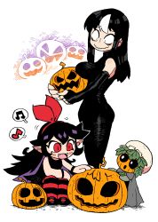 Rule 34 | 3girls, :d, :o, absurdres, black dress, bow, breast rest, breasts, carried breast rest, carrying, child, closed mouth, colored inner hair, dress, fangs, food, hair bow, hairband, halloween, hat, highres, holding, holding food, holding pumpkin, holding vegetable, jack-o&#039;-lantern, jack-o&#039;-lantern (rariatto), mob cap, monster girl, multicolored hair, multiple girls, musical note, noss (rariatto), open mouth, original, pantyhose, parted lips, plant girl, plant hair, pumpkin, purple hair, rariatto (ganguri), red bow, red eyes, red hairband, red legwear, sanpaku, smile, spoken musical note, squatting, streaked hair, striped clothes, striped legwear, striped pantyhose, two-tone hair, vegetable, wavy mouth, white background, wristband, zakuro (rariatto)