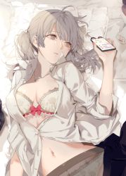 Rule 34 | 1girl, antenna hair, black skirt, bra, breasts, breasts apart, collared shirt, commentary request, dress shirt, grey eyes, grey hair, holding, holding phone, jewelry, large breasts, long hair, looking away, lying, navel, necklace, on back, original, panties, panties under pantyhose, pantyhose, parted lips, partially unbuttoned, phone, shirt, skirt, solo, tears, twintails, underwear, white bra, white panties, white shirt, yukisame