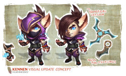 Rule 34 | 1boy, belt, black footwear, blue eyes, border, brown background, brown belt, brown hair, character name, concept art, electricity, full body, hair over one eye, hand up, highres, hood over one eye, kennen, league of legends, multiple views, nail polish, ponytail, pouch, red nails, slit pupils, vladbacescu, weapon, white border
