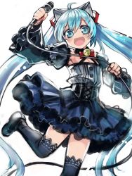 Rule 34 | 1girl, :d, bell, black footwear, black thighhighs, blue eyes, blue hair, blue skirt, flat chest, hand up, hatsune miku, holding, holding microphone, jingle bell, juliet sleeves, komota (kanyou shoujo), layered skirt, long hair, long sleeves, looking at viewer, microphone, miniskirt, open mouth, puffy sleeves, shoes, simple background, skirt, smile, solo, standing, standing on one leg, thighhighs, very long hair, vocaloid, white background
