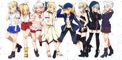 Rule 34 | 6+girls, :d, :o, ^ ^, absurdres, ahoge, alternate costume, artoria pendragon (all), artoria pendragon (fate), black footwear, black hoodie, black shorts, blonde hair, blue jacket, blue ribbon, blue skirt, boots, bow, braid, casual, closed eyes, commentary request, confetti, cross-laced footwear, crown braid, eating, fate/extra, fate/stay night, fate (series), food, frilled sleeves, frills, garter straps, glasses, gray (fate), green eyes, hair ribbon, hat, high heel boots, high heels, highres, hood, hood down, hood up, hooded jacket, hoodie, huge filesize, jacket, kawaruhi, koha-ace, lace-up boots, locked arms, lord el-melloi ii case files, multiple girls, multiple persona, mysterious heroine x (fate), mysterious heroine x alter (fate), nero claudius (fate), nero claudius (fate) (all), nero claudius (fate/extra), official alternate costume, okita souji (fate), okita souji (koha-ace), open mouth, pleated skirt, ponytail, red shorts, ribbon, saber (fate), saber alter, saber alter (ver. shinjuku 1999) (fate), saber lily, shirt, short sleeves, shorts, silver hair, simple background, skirt, smile, suspender shorts, suspenders, sword, taiyaki, thigh boots, thighhighs, wagashi, weapon, white background, white shirt, yellow bow