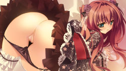 Rule 34 | 1girl, asakura karen, ass, bed, black panties, blue eyes, blush, brown hair, carnelian, censored, cube (alma), flower, frilled thighhighs, frills, hair flower, hair ornament, japanese clothes, kimi to boku to eden no ringo, kimono, lace, lolita fashion, panties, panty pull, pointless censoring, presenting, pussy, spider web print, thighhighs, top-down bottom-up, twintails, underwear, wa lolita