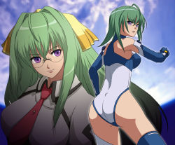 Rule 34 | 00s, 2girls, ahoge, armpits, ass, back, bare shoulders, blue gloves, blue thighhighs, bodysuit, boots, breasts, buttons, collared shirt, cowboy shot, dual persona, elbow gloves, facial mark, from side, glasses, gloves, green hair, hair between eyes, hair intakes, hair ribbon, halterneck, highleg, highleg leotard, kannagi itsuki, l (elle), large breasts, leotard, light smile, long hair, looking at viewer, looking back, moon, multiple girls, necktie, night, night sky, outline, outstretched arm, parted lips, pilot suit, purple eyes, ribbon, rimless eyewear, school uniform, shimoyama mutsumi, shirt, sky, smile, sora wo kakeru shoujo, standing, thigh boots, thighhighs, turtleneck, upper body, very long hair, wig