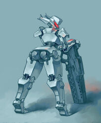 Rule 34 | ass, assault visor, commentary, drawfag, english commentary, from behind, glowing, grey background, gun, highres, holding, holding gun, holding weapon, humanoid robot, looking back, mecha, no humans, original, robot, shadow, solo, weapon