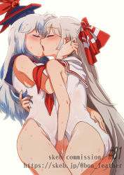 Rule 34 | 2girls, alternate costume, ass, blue hair, blue headwear, blush, bon (rump), bow, closed eyes, commission, cowboy shot, female focus, fingering, french kiss, from side, fujiwara no mokou, grey hair, groin, hair bow, highres, holding person, kamishirasawa keine, kiss, long hair, multicolored hair, multiple girls, one-piece swimsuit, simple background, skeb commission, sleeveless, standing, sweat, swimsuit, touhou, two-tone hair, very long hair, white background, white hair, white one-piece swimsuit, yuri