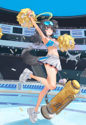 Rule 34 | 1girl, absurdres, arm up, armpits, bare arms, bare legs, bare shoulders, black hair, blue archive, blush, breasts, cheerleader, chinese commentary, cleavage, commentary request, criss-cross halter, crop top, full body, goggles, goggles on head, grey eyes, halo, halterneck, hibiki (blue archive), hibiki (cheer squad) (blue archive), highres, holding, holding pom poms, long hair, lwj, medium breasts, midriff, millennium cheerleader outfit (blue archive), miniskirt, navel, open mouth, pleated skirt, pom pom (cheerleading), pom poms, shoes, skirt, sneakers, solo, stomach, tail, thighs, white footwear, white skirt