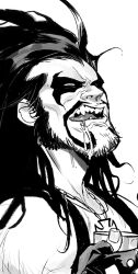 Rule 34 | 1boy, bara, black hair, black vest, copyright request, cross, cross necklace, cup, facial hair, facial mark, fingerless gloves, gloves, hairy, highres, holding, holding cup, jewelry, lobo (dc), long hair, male focus, mirka andolfo, muscular, muscular male, necklace, no pupils, sharp teeth, sideburns, solo, stubble, supermanvslobo, teeth, tongue, tongue out, vest, white undershirt