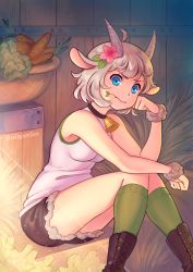 Rule 34 | 1girl, ahoge, animal ears, artist name, bare arms, bare shoulders, basket, bell, black choker, black footwear, blue eyes, boots, breasts, brown footwear, brown shorts, carrot, choker, closed mouth, commentary request, cross-laced footwear, cuffs, cutoffs, feet out of frame, flower, frayed clothes, frown, glaring, goat ears, goat girl, goat horns, green socks, hair flower, hair ornament, hand on own face, hand up, highres, horns, indoors, jellypon, kneehighs, lace-up boots, light particles, light rays, lips, looking at viewer, mouth hold, name tag, neck bell, original, pants, pink flower, shirt, short hair, short shorts, shorts, sidelocks, silver hair, sitting, sleeveless, sleeveless shirt, small breasts, socks, solo, thighs, twitter username, white shirt, wrist cuffs