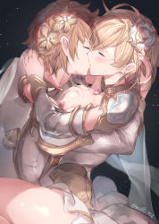Rule 34 | 1boy, 1girl, armor, bad id, bad pixiv id, black background, blonde hair, blush, grabbing another&#039;s breast, breasts, breasts out, brown hair, closed eyes, couple, detached collar, detached sleeves, djeeta (granblue fantasy), dress, earrings, faulds, flower, french kiss, from side, grabbing, gran (granblue fantasy), granblue fantasy, grey dress, hair flower, hair ornament, hand on another&#039;s head, hetero, highres, hug, jewelry, kiss, light particles, long sleeves, lying, medium breasts, milli little, mutual hug, nipples, on stomach, pauldrons, ring, short dress, short hair, shoulder armor, simple background, stud earrings, thighs, twitter username