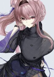 Rule 34 | 1girl, absurdres, arknights, black dress, black hairband, breasts, commentary request, cowboy shot, dress, grey background, hairband, hand up, highres, huge breasts, kajuu, large breasts, lin (arknights), long hair, long sleeves, looking at viewer, purple eyes, solo, standing