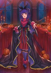 Rule 34 | 1girl, :d, black footwear, black hairband, black ribbon, blunt bangs, blush, burning, candle, candlestand, commentary request, fang, fire, fire emblem, fire emblem: the sacred stones, food, frills, hair ribbon, hairband, head tilt, high-waist skirt, highres, indoors, kneehighs, long hair, myrrh (fire emblem), night, night sky, nintendo, no wings, open mouth, outstretched arms, pak ce, pumpkin, purple eyes, purple hair, purple socks, red skirt, ribbon, see-through, shoes, skirt, sky, smile, socks, solo, standing, striped clothes, striped socks, table, vertical-striped clothes, vertical-striped socks, window, wrist cuffs