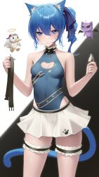 Rule 34 | 1girl, absurdres, alternate costume, anger vein, angry, animal ears, bare shoulders, belt, blue eyes, blue hair, blue nails, breasts, butt plug, cat ears, cat tail, cleavage cutout, clothing cutout, covered navel, frills, highres, hololive, hoshimachi suisei, kemonomimi mode, leotard, nail polish, nekomata okayu (cat), sex toy, shoulder angel, shoulder devil, side ponytail, skirt, small breasts, solo, somebody (leiking00), subaru duck, tail, thigh strap, virtual youtuber