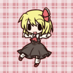 Rule 34 | 0 0, 1girl, :d, bad id, bad pixiv id, blonde hair, chibi, embodiment of scarlet devil, fang, female focus, fushigi ebi, hair ribbon, open mouth, outline, outstretched arms, plaid, plaid background, ribbon, rumia, smile, solid oval eyes, solo, touhou