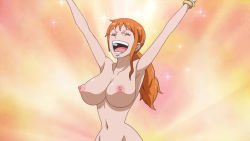 Rule 34 | 1girl, arms up, breasts, closed eyes, hair ornament, highres, large breasts, nami (one piece), navel, nipples, nude, nude filter, one piece, open mouth, orange hair, ponytail, screencap, smile, solo, third-party edit