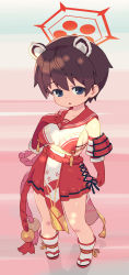 Rule 34 | 1girl, animal ears, bare shoulders, black eyes, black hair, blue archive, cross-laced clothes, elbow gloves, gloves, halo, hands on own chest, highres, miniskirt, om (nk2007), raccoon ears, red gloves, red sailor collar, red skirt, rope belt, sailor collar, short hair, sideless outfit, simple background, skirt, solo, standing, tsubaki (blue archive)