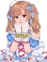 Rule 34 | 1girl, absurdres, aegyo sal, ahoge, bare shoulders, black eyes, blue bow, blue dress, blue sleeves, bow, brown hair, closed mouth, commentary request, detached sleeves, dress, eyelashes, frilled bow, frilled gloves, frills, gloves, highres, idolmaster, idolmaster cinderella girls, idolmaster cinderella girls starlight stage, medium hair, norimaki (seidan0611), pink lips, puffy sleeves, sato shin, simple background, sleeveless, sleeveless dress, solo, twintails, upper body, white background, white gloves
