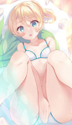 Rule 34 | 1girl, bikini, blonde hair, blue eyes, blush, breasts, capelet removed, collarbone, covering crotch, covering privates, esia mariveninne (komone ushio), hair between eyes, komone ushio, legs, legs up, looking at viewer, lying, on back, open mouth, original, ponytail, pov, seashell, shell, short hair, small breasts, solo, swimsuit, thighs, v arms, wet, white bikini