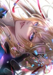 Rule 34 | 1boy, absurdres, blonde hair, exif rotation, facing to the side, hair ornament, hairclip, highres, kouryuu kagemitsu, looking at viewer, male focus, open mouth, portrait, purple eyes, short hair, smile, solo, teeth, touken ranbu, white background, zasikirou