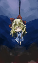 Rule 34 | 1girl, asphyxiation, black background, blonde hair, blue background, bow, doll joints, hair bow, hanged, hourai doll, joints, no headwear, noose, open mouth, solo, suicide, touhou, yellow eyes, yohane