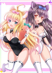 Rule 34 | 2girls, :d, ahoge, animal ear fluff, animal ears, bare shoulders, black bow, black leotard, blonde hair, blue bow, blush, bow, breasts, brown eyes, cleavage, commentary request, detached collar, grey eyes, hair between eyes, hair bow, highres, leotard, long hair, looking at viewer, medium breasts, multiple girls, no shoes, open mouth, original, pink bow, playboy bunny, ribbon-trimmed legwear, ribbon trim, smile, thighhighs, usaginezumi, very long hair, white background, white leotard, white thighhighs, wing collar