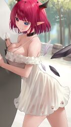 Rule 34 | 1girl, absurdres, black choker, black horns, blue eyes, blurry, blurry background, breasts, choker, cleavage, commentary, day, demon girl, demon horns, dress, drum (container), energy wings, english commentary, english text, heavy breathing, heterochromia, highres, hololive, hololive english, horns, irys (casualrys) (hololive), irys (hololive), large breasts, looking ahead, off-shoulder dress, off shoulder, official alternate costume, official alternate hair length, official alternate hairstyle, outdoors, paw print, pointy ears, pushing, red hair, see-through, see-through silhouette, short dress, solo, somebody (leiking00), sweat, the game of sisyphus, upper body, virtual youtuber, white dress