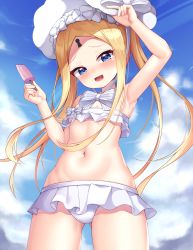 Rule 34 | 1girl, abigail williams (fate), abigail williams (swimsuit foreigner) (fate), abigail williams (swimsuit foreigner) (third ascension) (fate), arm up, armpits, bad id, bad pixiv id, bikini, bikini skirt, blonde hair, blue eyes, bonnet, breasts, cloud, fate/grand order, fate (series), food, forehead, gluteal fold, hand on headwear, hat, highres, keyhole, long hair, mannack, miniskirt, navel, open mouth, outdoors, popsicle, skirt, sky, small breasts, smile, solo, swimsuit, thighs, white bikini, white hat, white skirt
