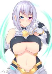 Rule 34 | 1girl, armor, bare shoulders, black gloves, blue eyes, blush, breasts, commentary request, elbow gloves, gauntlets, gender request, genderswap, gloves, granblue fantasy, grimnir (granblue fantasy), hand up, heterochromia, kuavera, large breasts, light purple hair, navel, pink eyes, pointy ears, short hair, signature, smile, solo, twitter username, underboob, v, white background