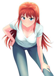 Rule 34 | 00s, 1girl, aozaki aoko, blue eyes, blush, breasts, collarbone, denim, hair intakes, hand on own hip, hand on own knee, highres, jeans, long hair, looking at viewer, pants, red hair, shiny skin, smile, solo, tsukihime, tsurui