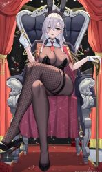 Rule 34 | 1girl, absurdres, animal ears, black leotard, blue eyes, blue jacket, blush, bow, bowtie, breasts, chess piece, cleavage, covered navel, crossed legs, detached collar, fake animal ears, fishnet thighhighs, fishnets, gloves, grayfoxpochi, grey hair, high heels, highleg, highleg leotard, highres, holding, jacket, large breasts, leotard, long hair, looking at viewer, open clothes, open jacket, original, pantyhose, playboy bunny, queen (chess), rabbit ears, red bow, red bowtie, see-through clothes, see-through cleavage, sitting, sitting on throne, smile, solo, strapless, strapless leotard, teardrop facial mark, thigh strap, thighhighs, white gloves