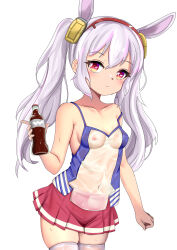 Rule 34 | 1girl, absurdres, animal ears, azur lane, bare shoulders, blush, bottle, breasts, closed mouth, collarbone, commentary request, covered erect nipples, covered navel, cowboy shot, dedorudy, fake animal ears, glass bottle, grey hair, highres, holding, holding bottle, laffey (azur lane), long hair, looking at viewer, miniskirt, nipples, pleated skirt, rabbit ears, red eyes, red skirt, simple background, skindentation, skirt, small breasts, soda bottle, solo, strap slip, thighhighs, twintails, wet, wet clothes, white background, white thighhighs, zettai ryouiki