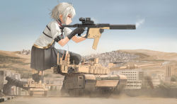 Rule 34 | 1girl, absurdres, ahoge, black footwear, black skirt, black thighhighs, boots, city, commission, finger on trigger, giant, giantess, girls&#039; frontline, gun, high heel boots, high heels, highres, holding, holding gun, holding weapon, kriss usa, kriss vector, magpul, military, military vehicle, motor vehicle, nighttsound, osprey 45, outdoors, pixiv commission, polygonal suppressor, short hair, silencerco, silver hair, skirt, smoke, solo, submachine gun, suppressor, tank, thighhighs, transformational defense industries, vector (girls&#039; frontline), weapon, yellow eyes