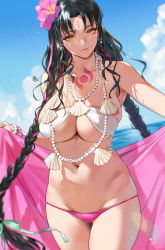 Rule 34 | 1girl, bare shoulders, bikini, black hair, blue sky, blush, bracelet, braid, breasts, chest tattoo, cleavage, facial mark, fate/grand order, fate (series), flower, forehead mark, hair flower, hair ornament, highres, jewelry, large breasts, long hair, looking at viewer, multicolored hair, navel, necklace, parted bangs, pearl bracelet, pearl necklace, pink hair, sarong, sessyoin kiara, sessyoin kiara (swimsuit mooncancer), sessyoin kiara (swimsuit mooncancer) (first ascension), shell, shell necklace, sky, streaked hair, swimsuit, tattoo, thighs, twin braids, very long hair, white bikini, yd (orange maru), yellow eyes