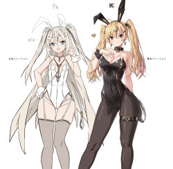 Rule 34 | 1girl, animal collar, animal ears, black leotard, black pantyhose, blonde hair, bow, bowtie, breasts, brown eyes, cleavage, collar, commentary request, front zipper, garter straps, grey eyes, grey hair, grey thighhighs, hand on own chest, highres, leotard, long hair, medium breasts, original, pantyhose, playboy bunny, rabbit ears, small breasts, solo, strapless, strapless leotard, takanashi kei (hitsujikan), thighhighs, translation request, twintails, two side up, white leotard, wrist cuffs