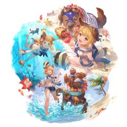 Rule 34 | 1girl, ^^^, air bubble, angelfish, animal ears, barefoot, beret, blonde hair, blue shorts, breasts, brown eyes, bubble, closed eyes, coral, crab, crop top, dog, dog ears, dog girl, dog tail, fish, flower, flower wreath, garjana, goggles, granblue fantasy, hair flower, hair ornament, hat, hermit crab, hibiscus, jacket, lifebuoy, midriff, multiple views, navel, off shoulder, official alternate costume, official art, open mouth, palm tree, rake, running, sailor collar, sand, scrunchie, shirt, short hair, short shorts, shorts, sitting, sleeveless, sleeveless jacket, sleeveless shirt, small breasts, smile, sparkle, starfish, swim ring, swimming, tail, transparent background, tree, underwater, vajra (granblue fantasy), vajra (summer) (granblue fantasy), wariza, water, white headwear, white jacket, white shirt, wrist scrunchie