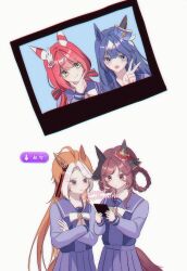 Rule 34 | 4girls, ahoge, animal ears, blue eyes, blush, breasts, brown hair, closed mouth, commentary, crossed arms, earrings, gameplay mechanics, gentildonna (umamusume), green eyes, hair ornament, hair ribbon, highres, horse ears, horse girl, horse tail, jeom (umaumauma1042), jewelry, long hair, low twintails, medium breasts, medium hair, multiple girls, open mouth, orfevre (umamusume), picture frame, red eyes, ribbon, school uniform, simple background, single earring, smile, sweat, symbol-only commentary, tail, tracen school uniform, twintails, umamusume, v, verxina (umamusume), white background, win variation (umamusume)