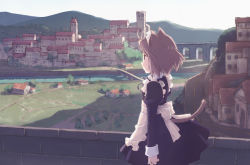 Rule 34 | 1girl, animal ears, cat ears, female focus, maid, nyaou, original, outdoors, plant, sky, solo, standing, tree, village, water