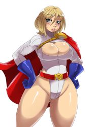 Rule 34 | 1girl, blonde hair, blush, breasts, bursting breasts, cape, cleavage, cleavage cutout, clothing cutout, curvy, dc comics, eric lowery, female focus, gloves, highleg, highleg leotard, highres, kryptonian, large breasts, leotard, looking at viewer, parted lips, power girl, red cape, short hair, simple background, solo, standing, superhero costume, sweat, thick thighs, thighs, white background, wide hips