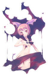 Rule 34 | 1girl, bow, breasts, cape, convenient censoring, cowboy shot, demon girl, demon tail, hair bow, head tilt, holding, jewelry, looking to the side, naked cape, nanakusa, nude, orange eyes, original, parted lips, pink hair, purple bow, red hair, ring, short hair, simple background, small breasts, solo, tail, thigh gap, torn cape, torn clothes, white background