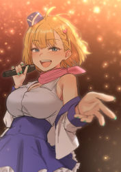 Rule 34 | 1girl, ahoge, blonde hair, blue eyes, blue hat, blush, breasts, detached sleeves, dress, frilled dress, frills, garrison cap, green nails, griffon (last origin), hair ornament, hat, heart, heart hair ornament, holding, holding microphone, ichihyaku nanajuu, idol, korean commentary, large breasts, last origin, looking at viewer, microphone, nail polish, open mouth, pink scarf, scarf, short hair, solo, upper body