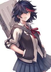 Rule 34 | 1girl, absurdres, black hair, black jacket, blue eyes, blue skirt, cowboy shot, dress shirt, hair between eyes, hand in pocket, highres, jacket, kill la kill, looking at viewer, matoi ryuuko, miniskirt, neck ribbon, oomura saki, open clothes, open jacket, parted lips, pleated skirt, red ribbon, ribbon, shirt, short hair, simple background, skirt, sleeves rolled up, solo, standing, white background, white shirt