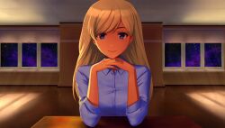Rule 34 | 1girl, blonde hair, blue eyes, closed mouth, facing viewer, indoors, long hair, looking at viewer, memories of another life, my summer adventure, night, non-web source, shihane kyoko, sitting, solo, visual novel