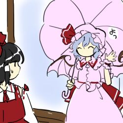 Rule 34 | 2girls, ^ ^, black hair, blue hair, closed eyes, commentary request, detached sleeves, flat chest, frilled shirt, frilled shirt collar, frilled sleeves, frills, hair tubes, hakurei reimu, hat, hat ribbon, highres, holding, holding umbrella, kaigen 1025, mob cap, multiple girls, neck ribbon, no mouth, no nose, parasol, pink headwear, pink shirt, pink skirt, pink umbrella, pink wrist cuffs, red ribbon, red skirt, red vest, remilia scarlet, ribbon, ribbon-trimmed sleeves, ribbon trim, shirt, short hair, sketch, skirt, sweat, touhou, translated, umbrella, vest, waving, white shirt, wings, wrist cuffs