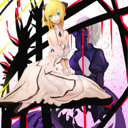Rule 34 | 2girls, artoria pendragon (fate), back, blonde hair, breasts, cleavage, detached collar, detached sleeves, fate/stay night, fate/unlimited codes, fate (series), from behind, gloves, green eyes, hair ribbon, high heels, multiple girls, ribbon, saber (fate), saber alter, saber lily, sarina matsumura, shoulder blades