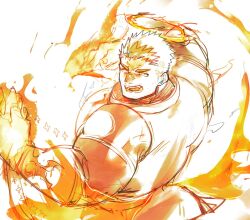 Rule 34 | 1boy, bara, black hair, bodysuit, facial hair, feet out of frame, fire, flaming halo, flaming hand, from above, frown, halo, large pectorals, looking to the side, male focus, mature male, monochrome, muscular, muscular male, orange theme, outstretched arms, pectorals, po fu, pyrokinesis, short hair, sketch, solo, spread arms, stubble, thick eyebrows, tokyo houkago summoners, torn bodysuit, torn clothes, zabaniyya (housamo)