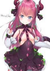 Rule 34 | 10s, 1girl, blue eyes, blush, breasts, closed mouth, commentary request, detached sleeves, dragon horns, dragon tail, dress, elizabeth bathory (fate), elizabeth bathory (fate/extra ccc), elizabeth bathory (first ascension) (fate), fate/extra, fate/extra ccc, fate (series), frilled sleeves, frills, hair ornament, henet hene, horns, long hair, medium breasts, pink hair, revealing clothes, simple background, smile, solo, tail, twitter username, two side up, white background