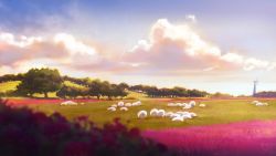 Rule 34 | blue sky, blurry, blurry foreground, cloud, day, flower, grass, highres, hill, ilya kuvshinov, landscape, nature, no humans, original, outdoors, scenery, sky, tree, windmill