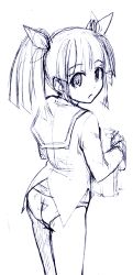 Rule 34 | 00s, 1girl, :o, ass, blunt bangs, from behind, hair ribbon, holding, looking at viewer, looking back, lowres, monochrome, nanakorobi, no pants, open mouth, pani poni dash!, panties, ribbon, school uniform, serafuku, short twintails, simple background, sketch, solo, standing, surprised, suzuki sayaka, twintails, underwear