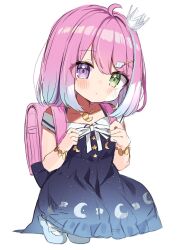 Rule 34 | 1girl, aged down, ahoge, backpack, bad id, bad twitter id, bag, blue dress, blue hair, blush, bracelet, candy hair ornament, closed mouth, crown, dress, food-themed hair ornament, gradient hair, green eyes, hair ornament, heterochromia, high heels, highres, himemori luna, himemori luna (sundress), hololive, jewelry, looking at viewer, medium hair, mini crown, multicolored hair, noi mine, pink hair, print dress, purple eyes, simple background, solo, starry sky print, virtual youtuber, white background